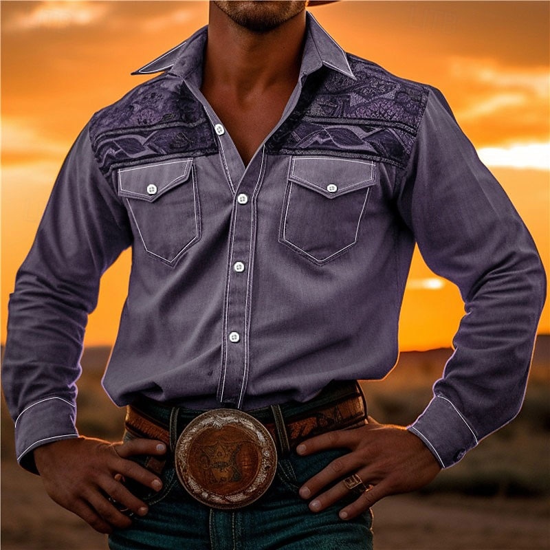 Hombre Tribal Impresión de pañuelo Camisa camisa occidental Manga Larga Camisa Cuello Vuelto Vintage Exterior Calle Casual Diario Rosa Rojo Azul S M L 2026 - $14.49 –P14