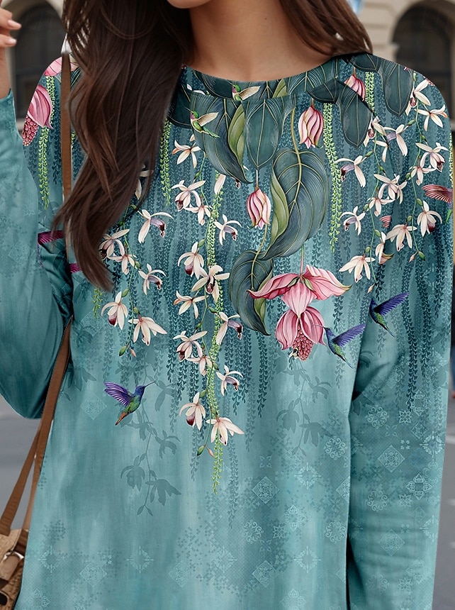 Dame T skjorte Blomstret Fritid Langermet Crew-hals Lange topper Daglig Trykt mønster Blå Høst Vinter 2025 - $24.99 –P3
