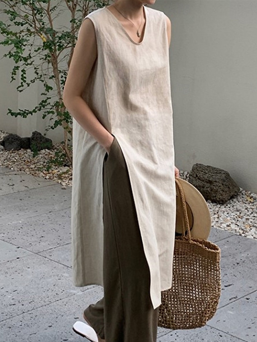 Femme Normal Robe mi-longue Robe en lin mode Décontractées du quotidien Plage Standard Plein Sans Manches Col V Noir Abricot Eté de 2025 ? $46.99 –P2