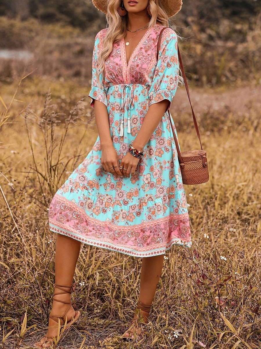 Women's Midi Dress Casual Dress A Line Dress Boho Dress Boho Wedding Guest Dress Ethnic Casual Vacation Daily Regular Fit Floral 3/4 Length Sleeve V Neck Black Navy Blue Light Blue Spring Fall 2025 - $35.99 –P4