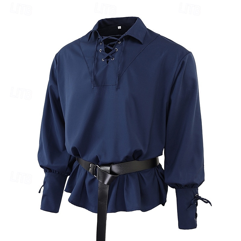 Medieval Renaissance 17th Century Medium Length Blouse / Shirt Cosplay Costume Ren Faire Knight Ritter Celtic Knight Drawstring Solid Color Men's Celtic Pirate Masquerade Casual Daily Renaissance Fair 2025 - $26.99 –P3