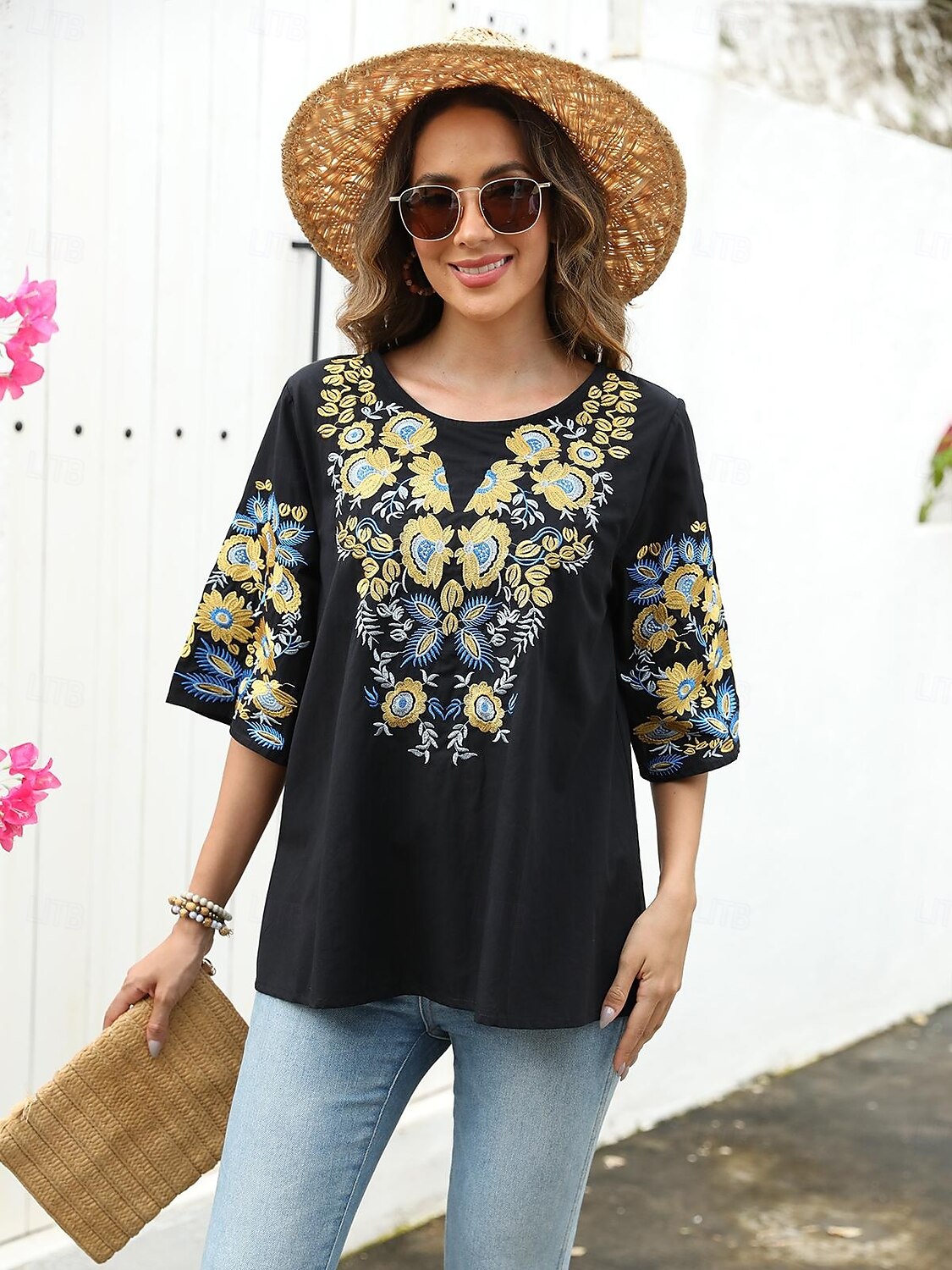 Damen Hemd Feste Farbe Blumen Brautkleider schlicht Boho 3/4 Ärmel Ellbogenlange Ärmel Rundhalsausschnitt Normale Oberteile Urlaub Party Täglich Bestickt Schwarz Herbst Frühling Sommer 2025 - $45.99 –P5