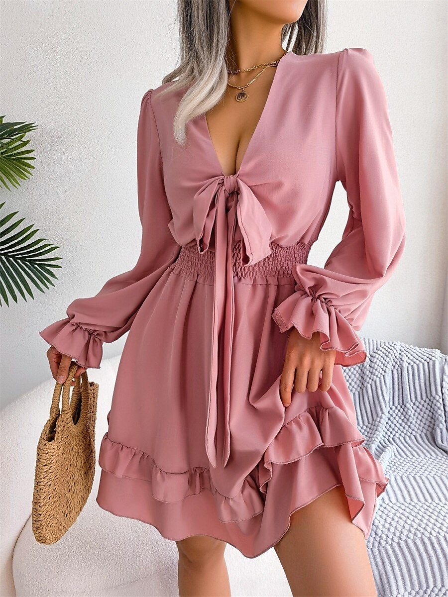 Mujer Mini vestido Vestido informal Vestido de una línea Elegante Estilo lindo Casual Vacaciones Fiesta Diario Ajuste regular Plano Manga Larga Escote en Pico Blanco Rosa Azul Piscina Primavera Otoño 2025 - $35.99 –P4