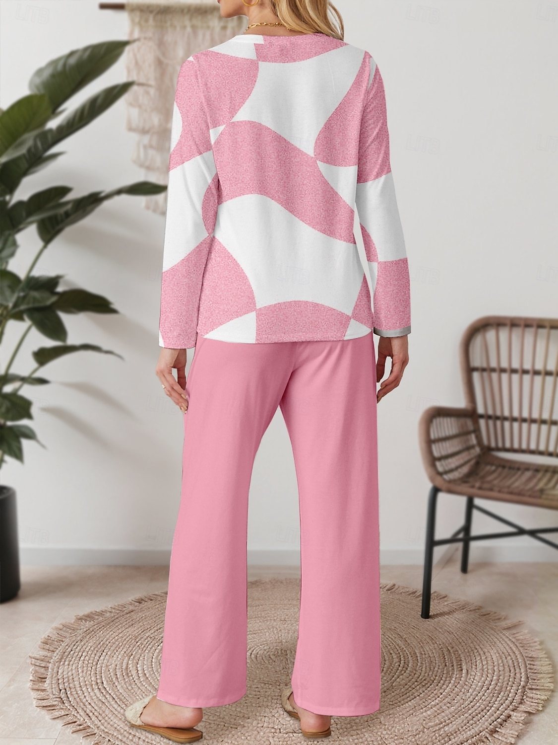 Valentin Kvinnors Pyjamas Set Casual Komfort Bekväm Geometrisk T Shirt Byxor Hem Valentindagen Daglig Lång Ärmar Rund Hals Rosa Vår Höst Vinter 2025 - $31.99 –P2