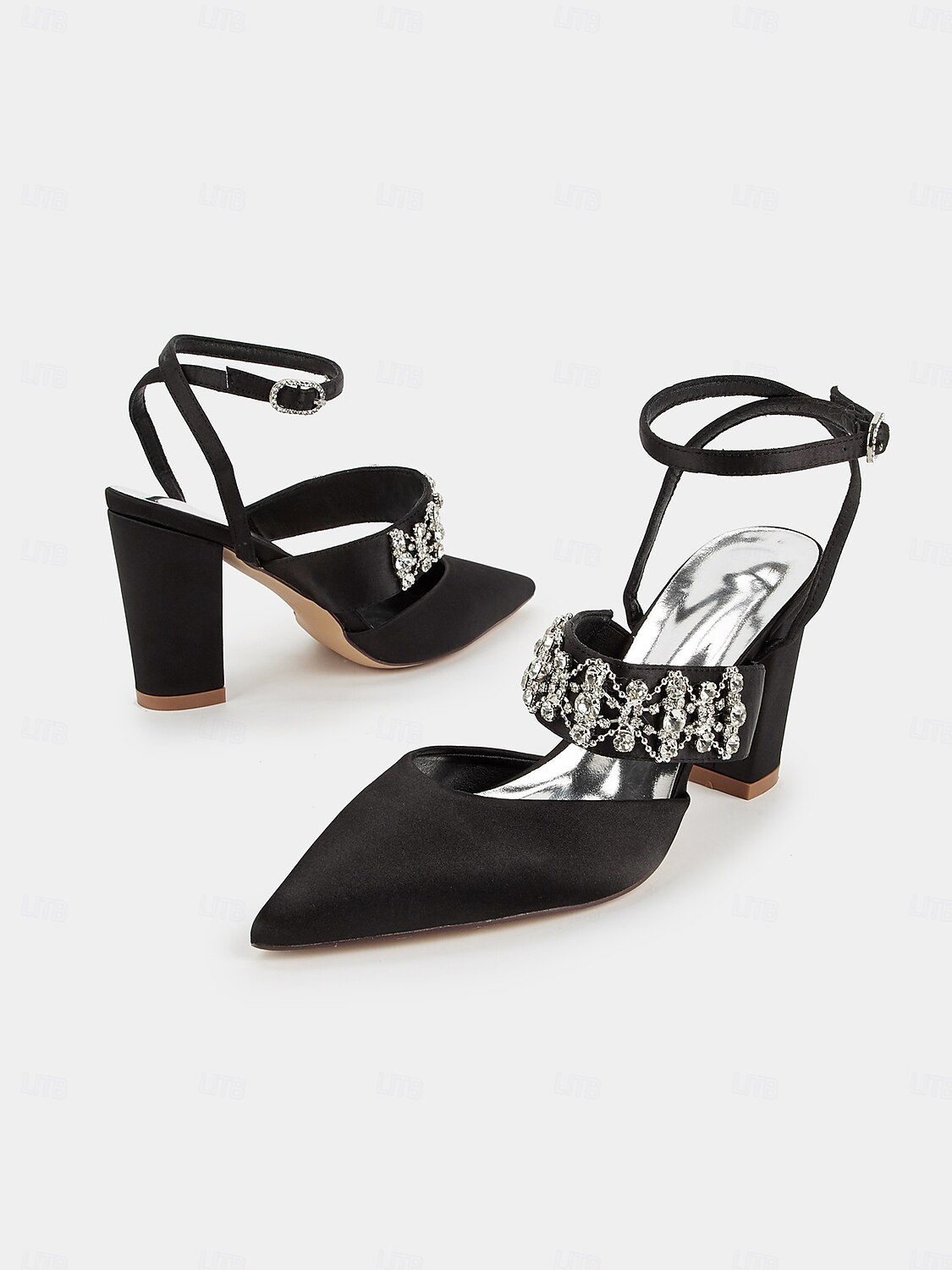 Women's Black Satin Pointed Toe Heels – Rhinestone Embellished Ankle Strap Chunky Heels for Evening Parties and Weddings 2025 - $64.99 –P6