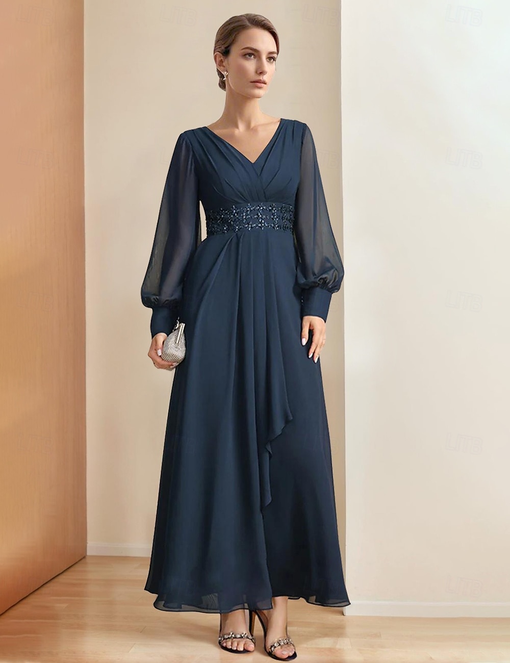 A-Linien Kleid Mutter der Braut Kleid Elegantes Party V-Ausschnitt Bodenlang Chiffon 3/4 Ärmel mit Perlen 2025 - $164.99 –P1