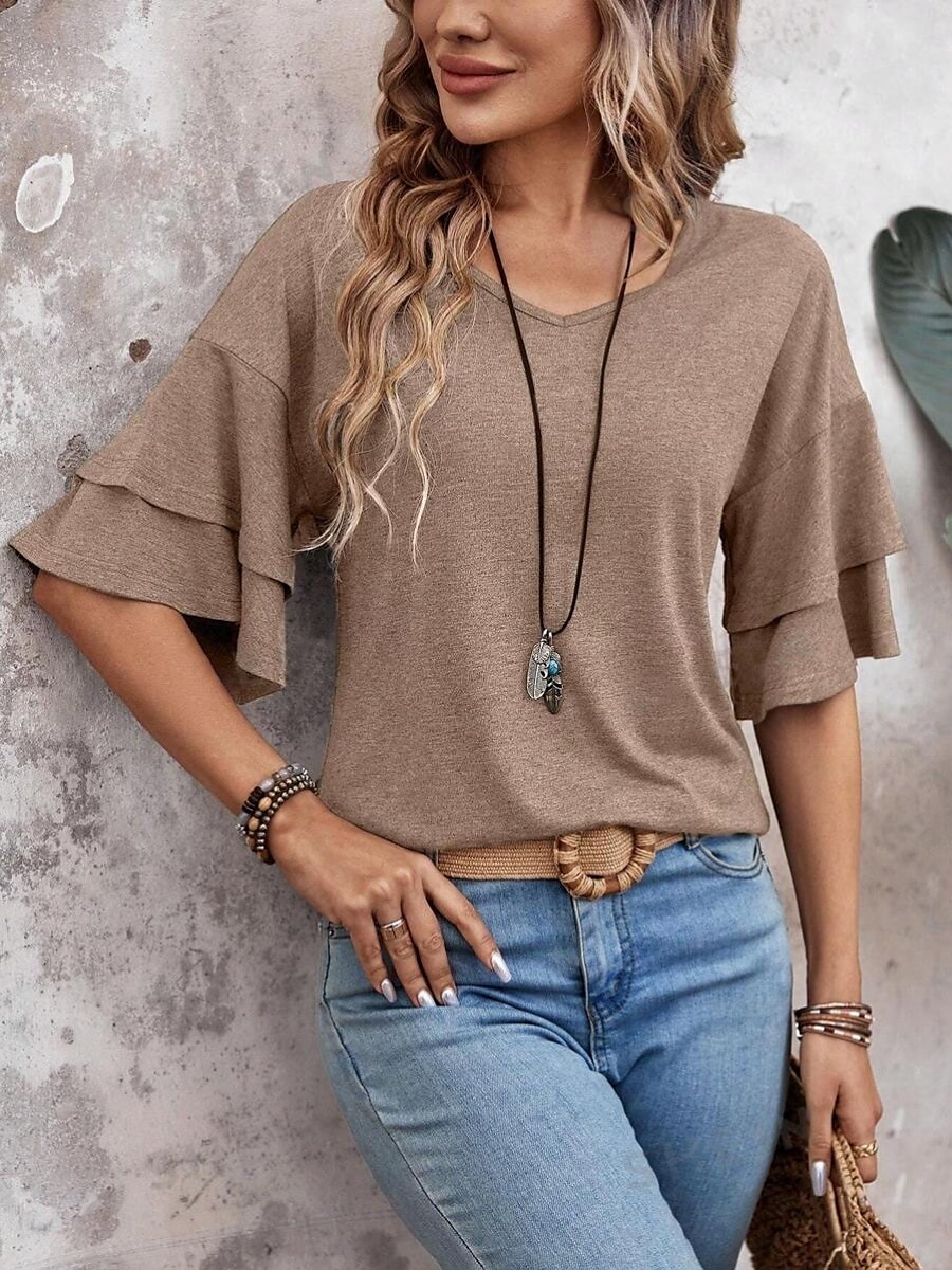 Dame T skjorte عادي Mote Moderne Fritid 3/4 ermer V-hals Vanlige topper Daglig Helg Drapering Rosa Navyblå Kakifarget Sommer Vår 2025 - $29.99 –P1