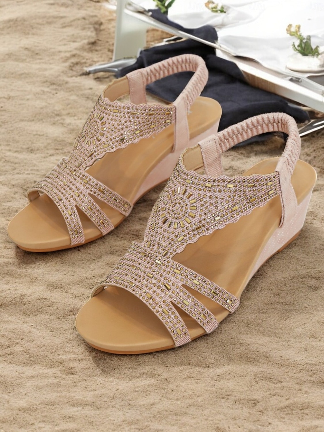 Women's Bohemian Rhinestone Wedge Sandals – Sparkly Elastic Strap Open-Toe Shoes for Summer, Beach, Casual & Evening Wear 2025 - $42.99 –P1