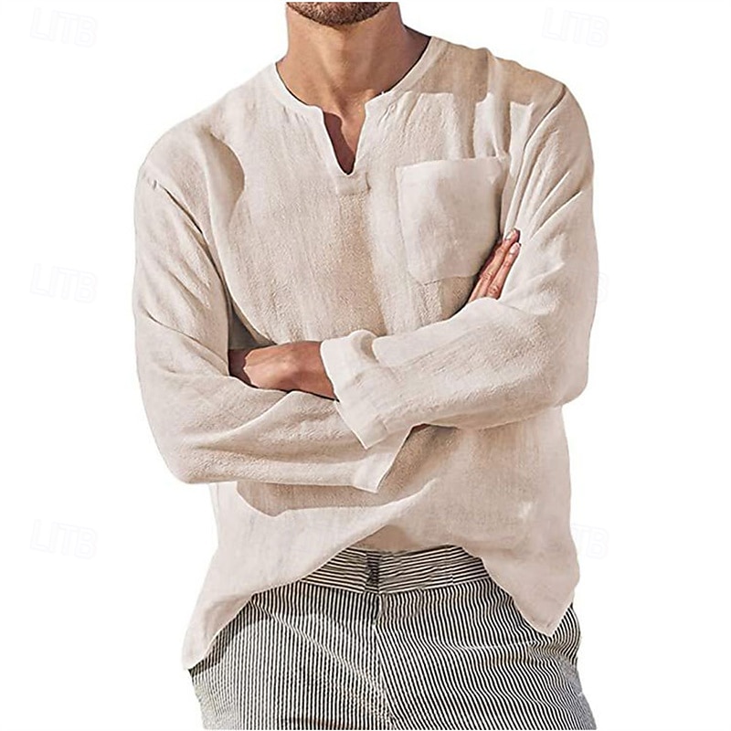 Homme Chemise Chemise Lin Chemise décontractée Plein Vacances Hawaïen Noir Blanche Vert Abricot manche longue Col V Printemps & Automne Vêtement Tenue Poche de 2025 ? $4.99 –P11