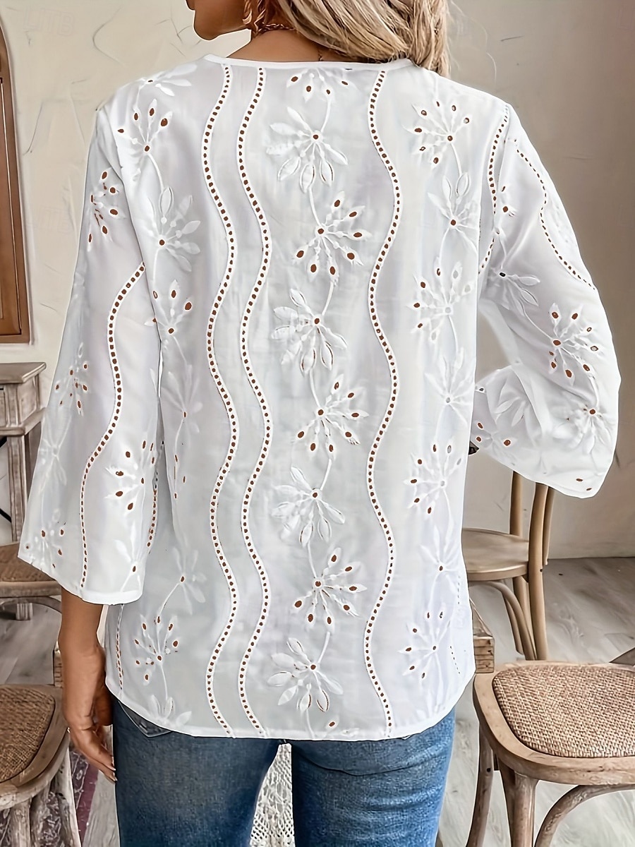 Damskie Białe Eleganckie Koronkowe Topu Bluzka Oka Casual Jednolity Kolor Regularne Topu Długi Rękaw Ząbkowany Dekolt Oka Regular Fit Codzienne Białe Romantyczne Petit Topy Letnie Wakacyjne Noszenia 2025 - $28.99 –P2
