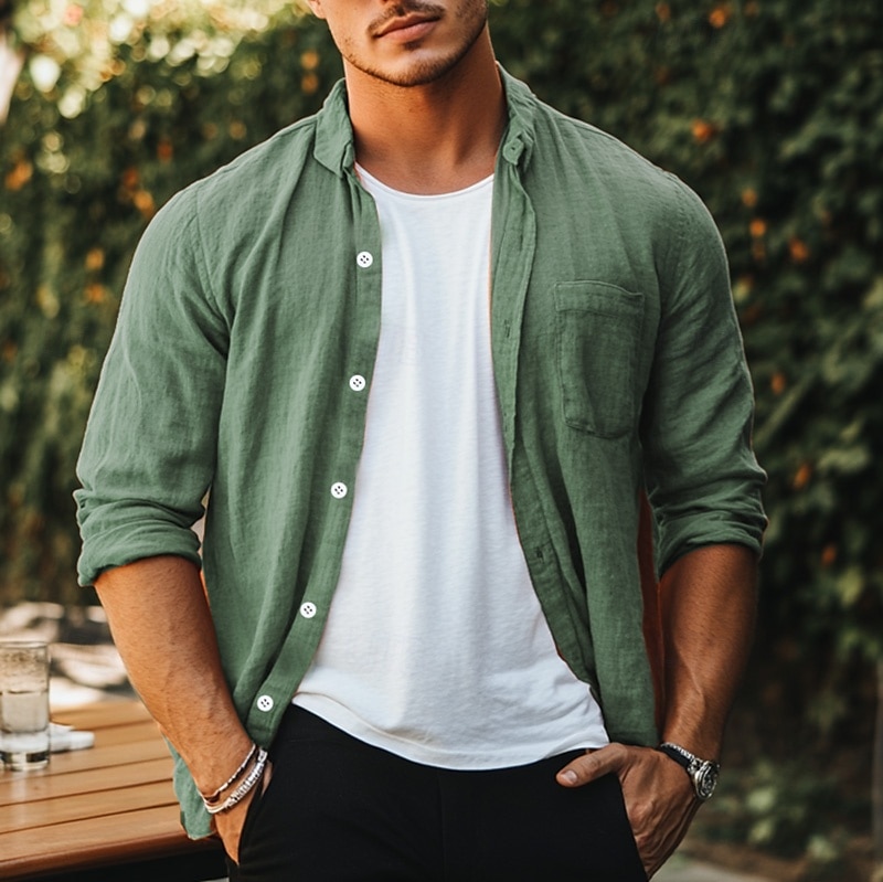 Per uomo Camicia camicia di lino Camicia estiva Camicia da spiaggia Tinta unica Esterno Da mare Nero Verde Cachi Grigio Manica lunga Collo ripiegabile Primavera & Autunno Abbigliamento Bottone giù del 2025 a $7.39 –P1