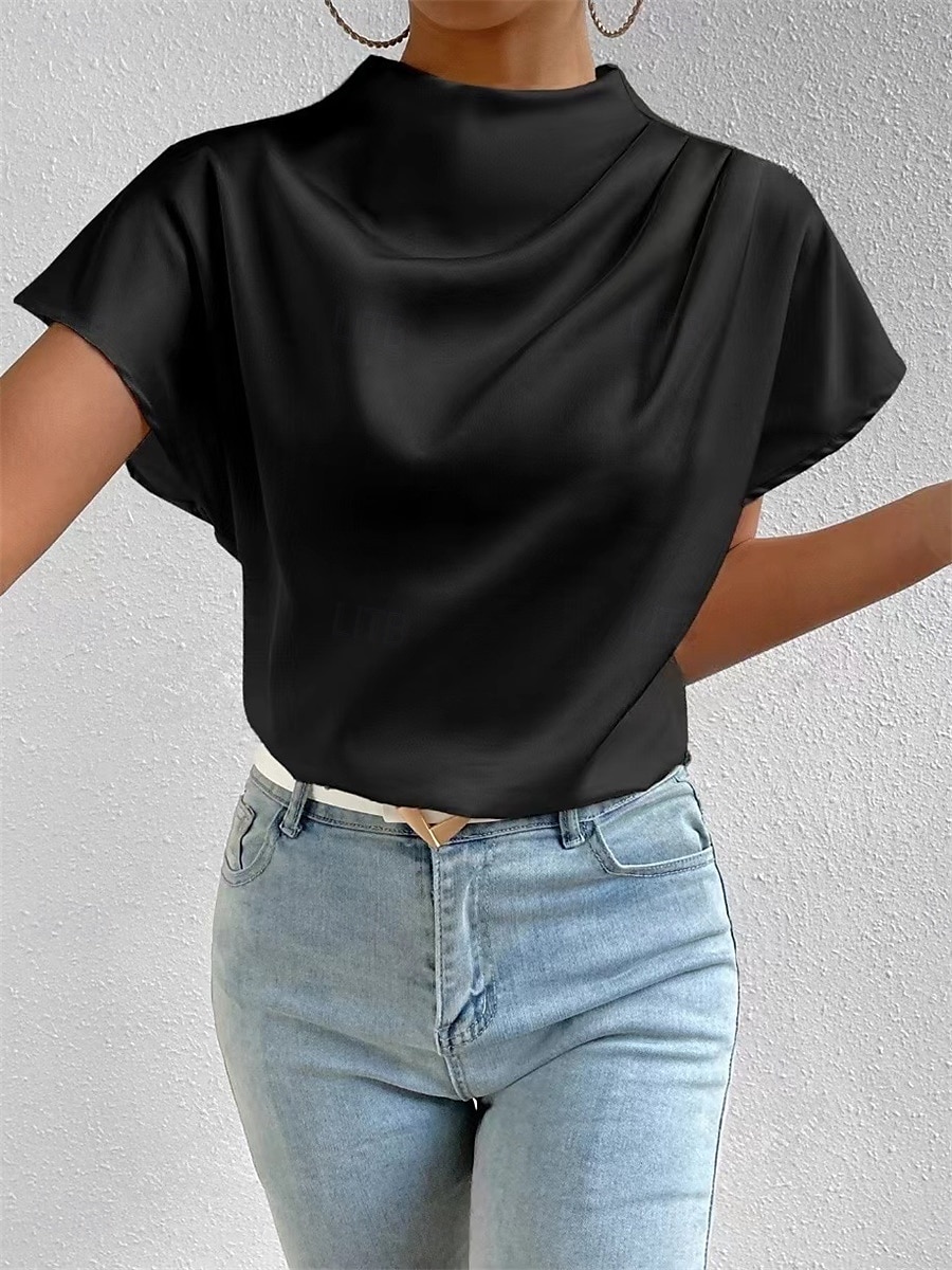 Dame Bluse Helfarge Daglig Stilfull Fritid Kortermet Crew-hals Vanlige topper Daglig Lapper Svart Hvit Rosa Sommer Vår Høst 2025 - $23.99 –P5