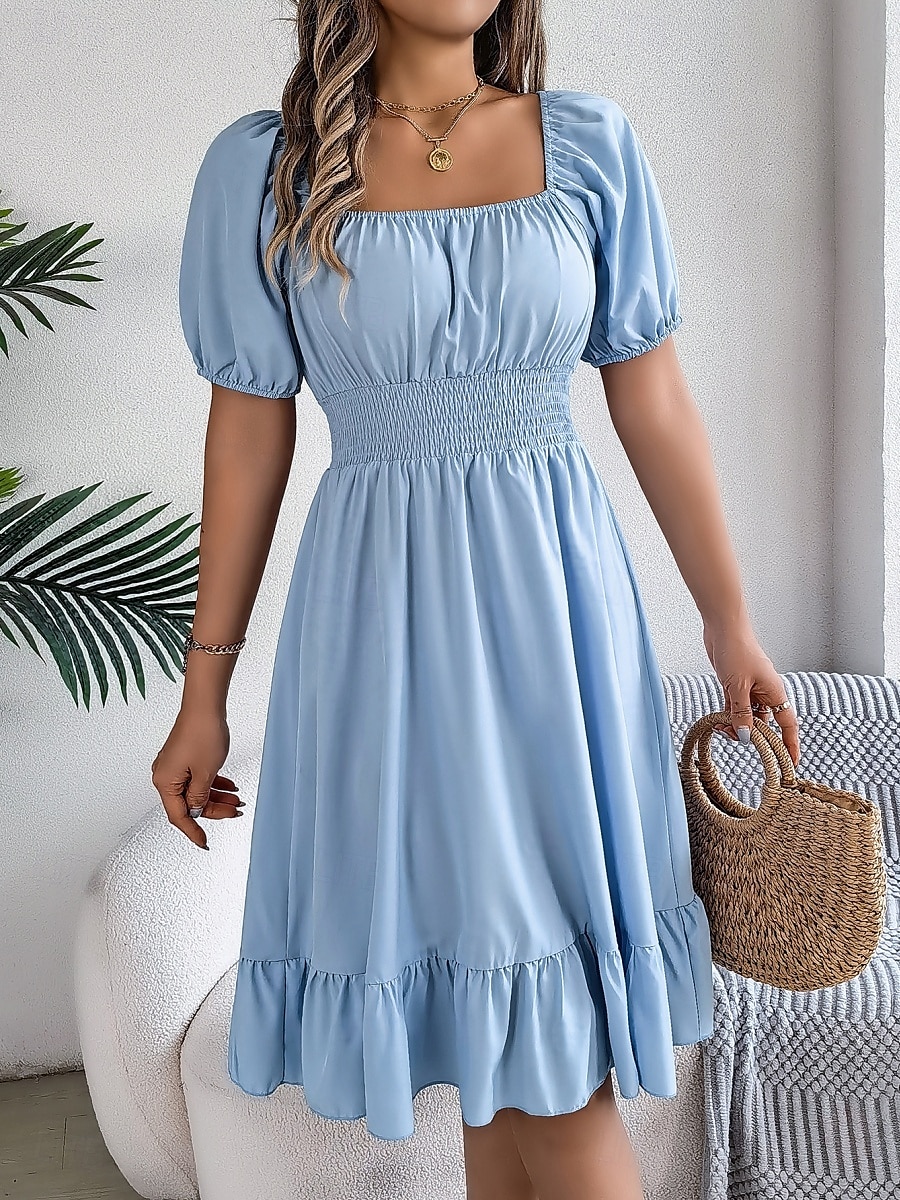 Per donna Mini abito Abito casual Abito linea A Abito da lattaia Moda Essenziale Informale Da mare Giornaliero Standard Liscio Manica corta Squadrata Cachi Azzurro Estate Primavera del 2025 a $31.99 –P3