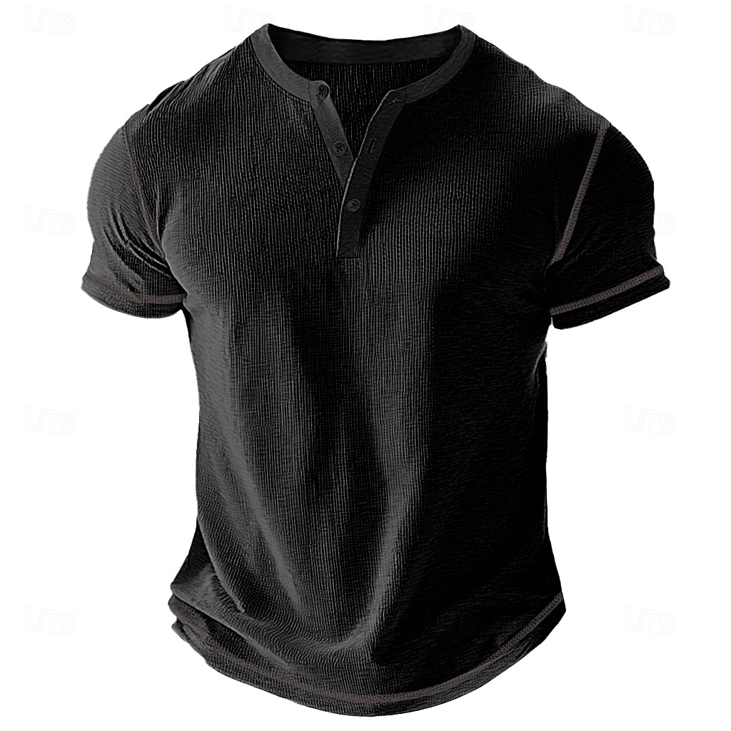 2025年 男性用 ワッフルヘンリーシャツ Tシャツ 半袖 純色 ボタン ヘンリー アウトドア カジュアル 日常 夏 ブラック ホワイト イエロー ヘンリーTシャツ コレクション – $17.99 –P8