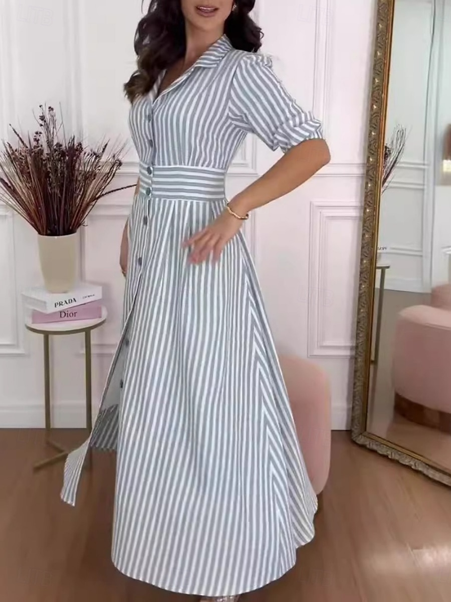 dames gestreepte overhemdkraag maxi-jurk 3/4 mouw zomer lente 2025 - $42.99 –P2