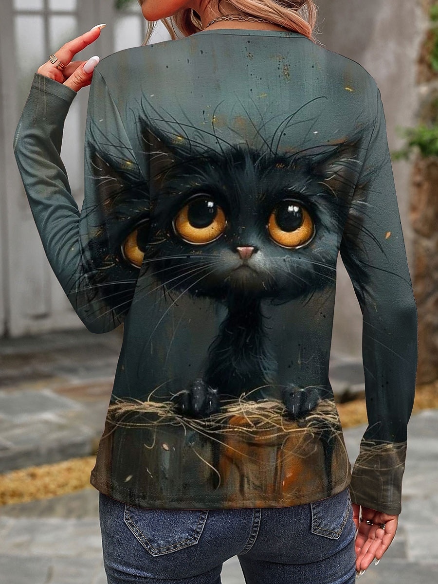 2025年 女性用 Tシャツ 猫 カジュアル 長袖 クルーネック レギュラートップス 日常 プリント グレー 春 秋 コレクション – $22.99 –P2
