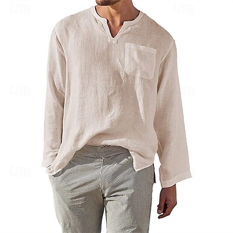 Homme Chemise Chemise Lin Chemise décontractée Plein Vacances Hawaïen Noir Blanche Vert Abricot manche longue Col V Printemps & Automne Vêtement Tenue Poche de 2025 ? $4.99 –P10