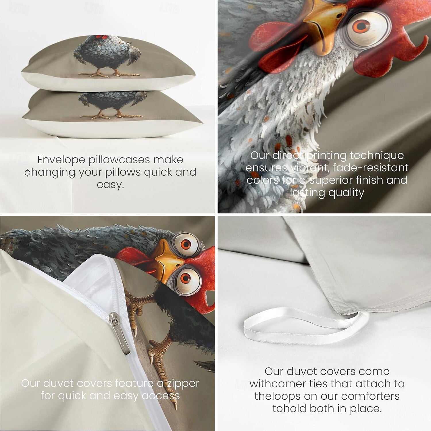 set copripiumino con stampa divertente di gallo, 100% cotone, tessuto morbido e traspirante, include copripiumino e federe, ipoallergenico e delicato sulla pelle, lavabile in lavatrice, resistente, confortevole del 2025 a $60.99 –P7