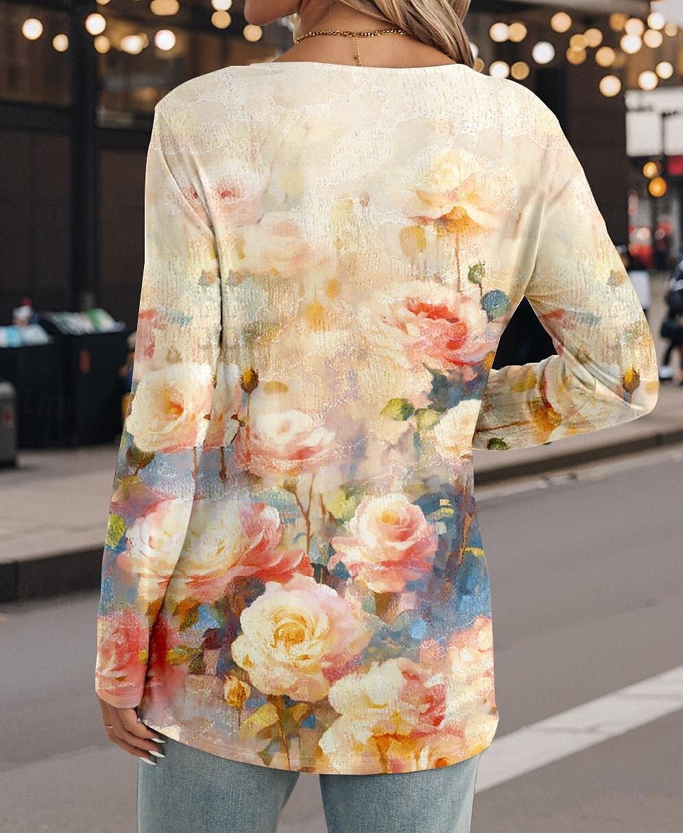 Walentynkowy T-shirt dla kobiet casual kwiatowy regularne topy długi rękaw dekolt w serek wycięcie nadruk regularny krój codzienny beżowy wiosna jesień 2025 - $23.99 –P2