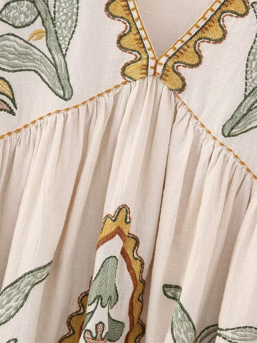 Dam Mini klänning Vardagsklänning A linjeklänning Boho-klänning bohemliv Ledigt Semester Dagligen Normal Blommig 3/4 ärm V-hals Beige Vår Höst 2025 - $42.99 –P3