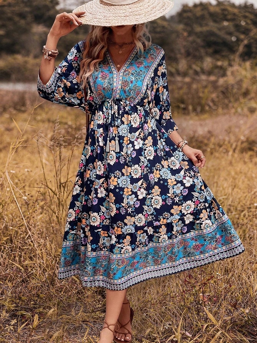Women's Midi Dress Casual Dress A Line Dress Boho Dress Boho Wedding Guest Dress Ethnic Casual Vacation Daily Regular Fit Floral 3/4 Length Sleeve V Neck Black Navy Blue Light Blue Spring Fall 2025 - $35.99 –P11