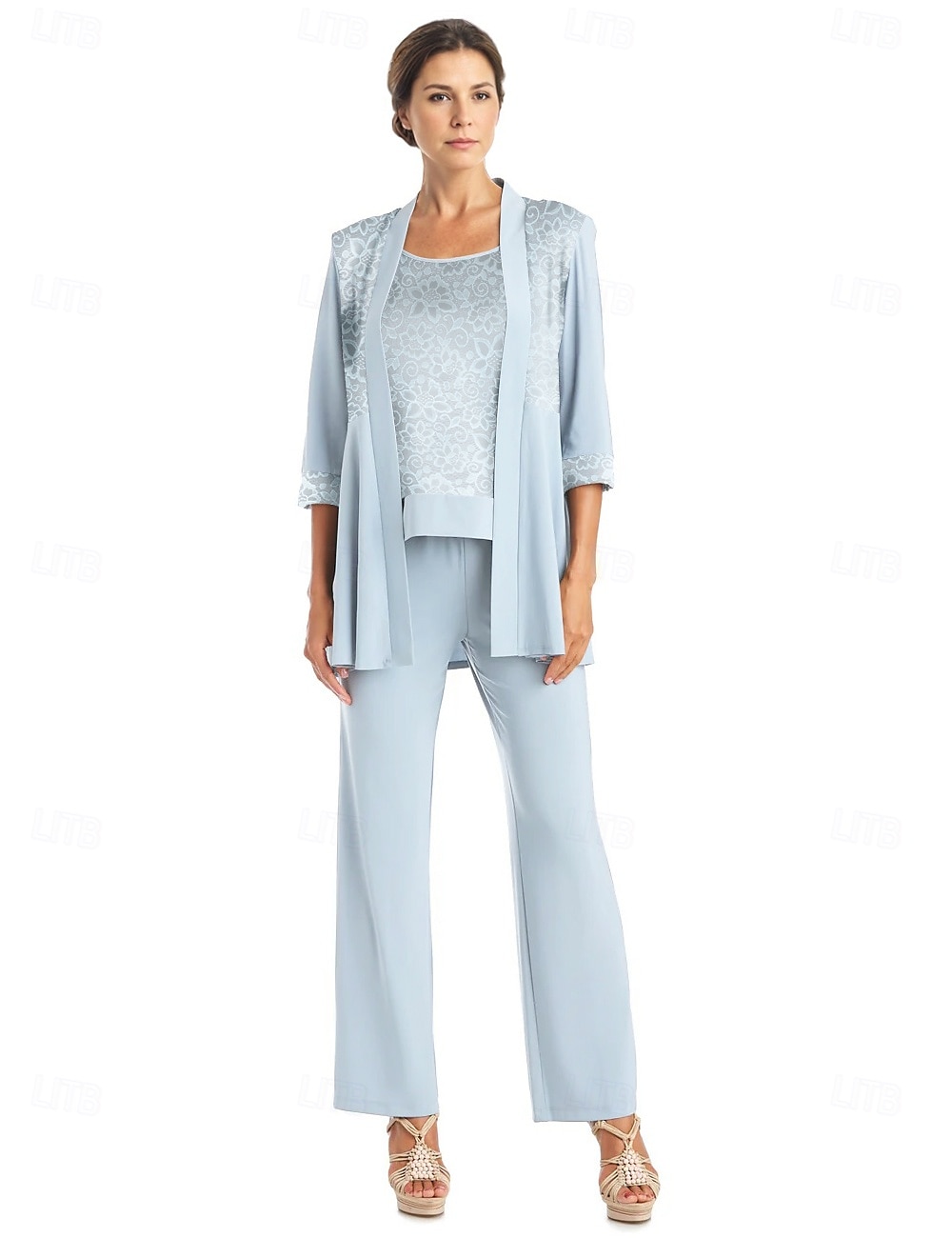 Jumpsuit / Pantsuit Beach Wedding 3 Piece Mother of the Bride  Elegant Jewel Neck Floor Length Chiffon Long Sleeve Wrap Included with Lace Solid Color 2025 - $198.99 –P3