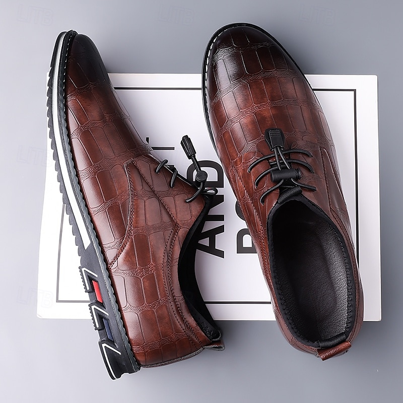 Men's Brown Crocodile Pattern Faux Leather Dress Shoes with Lace-Up Closure and Comfortable Sole, Elegant for Business and Formal Occasions 2025 - $46.99 –P4