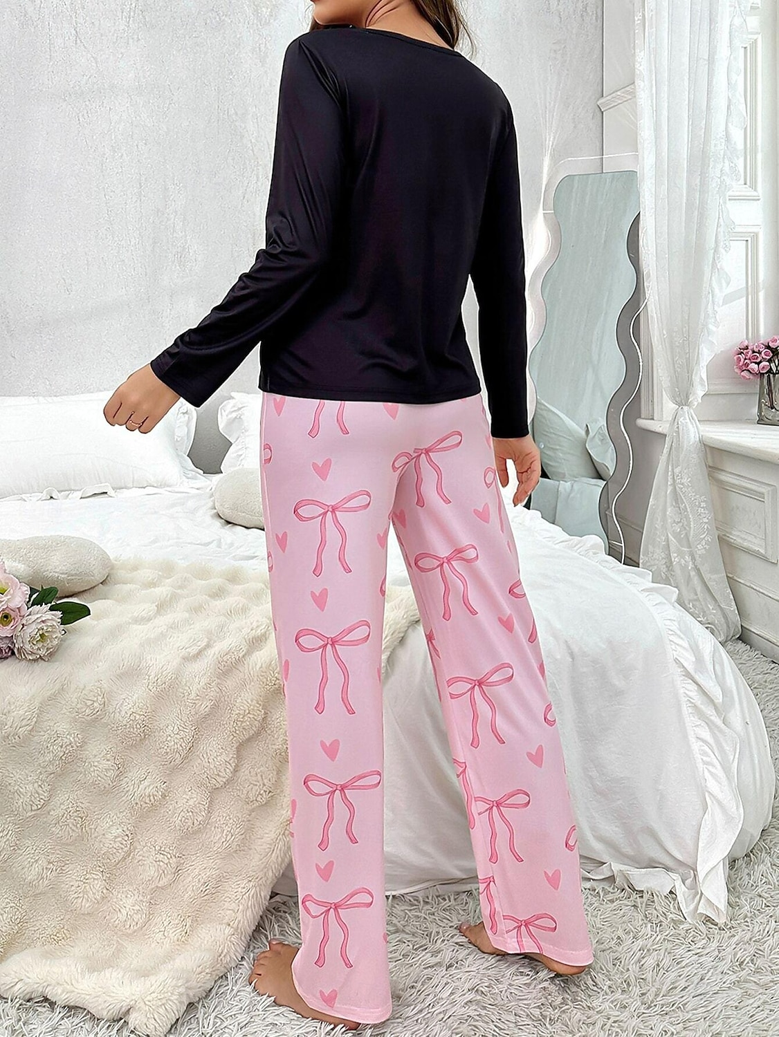 Dam Pyjamas set Ledigt Komfort Comfrt Hjärta T-shirt Byxa Hem Långärmad Rund hals Rodnande Rosa Vår Höst Vinter 2025 - $31.99 –P3