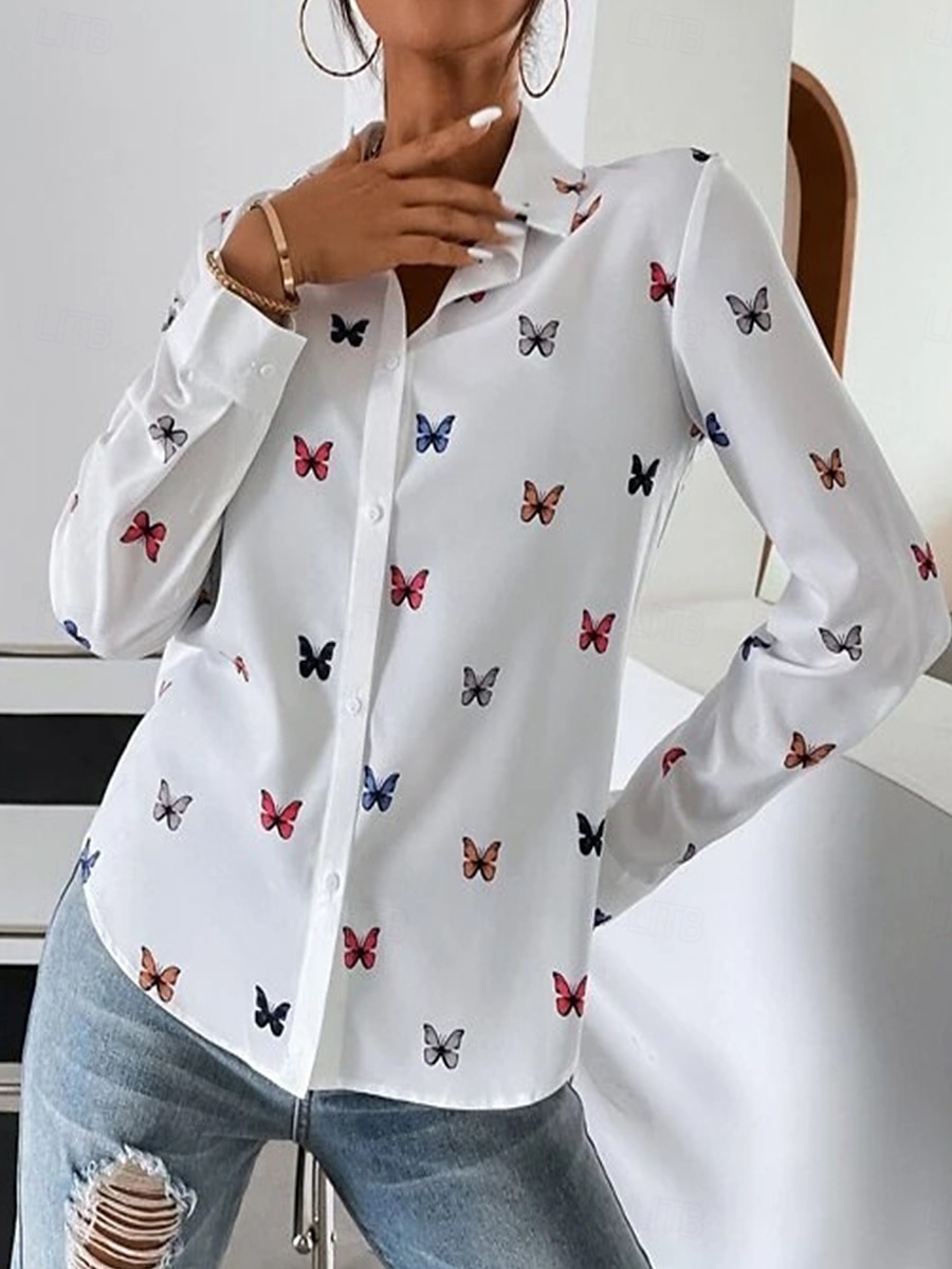 Per donna Camicia Farfalla Manica lunga Colletto Top regolari Collage Bianco Primavera & Autunno del 2025 a $27.99 –P3