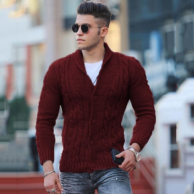 Men's Sweater Cardigan Sweater Fall Sweater Cable Cropped Plain Shawl Collar Fashion Warm Ups Christmas Xmas Clothing Apparel Fall & Winter Wine Red Black S M L 2025 - $27.99 –P4