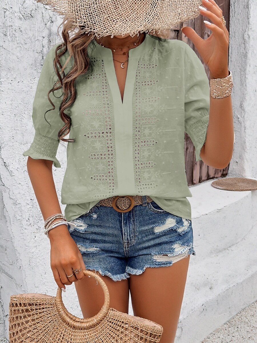 Damen Hemd Bluse Feste Farbe Basic Brautkleider schlicht Halbe Ärmel Gekerbter Hals Normale Oberteile Täglich Bestickt Weiß Rosa Grün Sommer Frühling & Herbst 2025 - $39.99 –P9