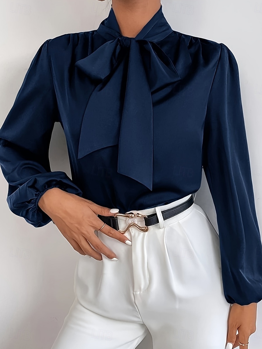 Women's Shirt Elegant Dressy Satin Solid Color Business Modern Casual Long Sleeve Shirt Collar Regular Tops Work Formal Wear Bow Wine Navy Blue Summer Spring 2025 - $34.99 –P3