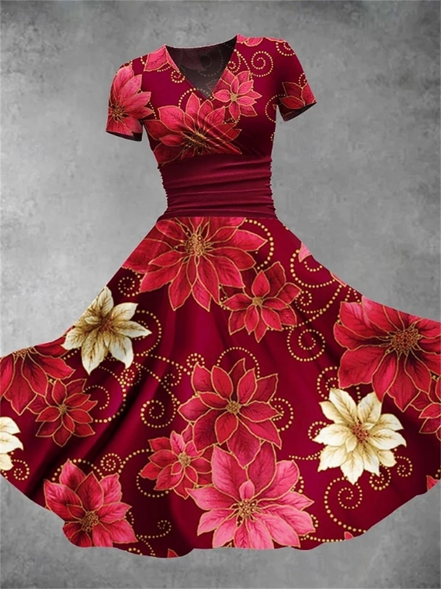 dames grafische print v-hals midi-jurk stijlvol thuis dagelijks korte mouw zomer 2025 - $41.99 –P2