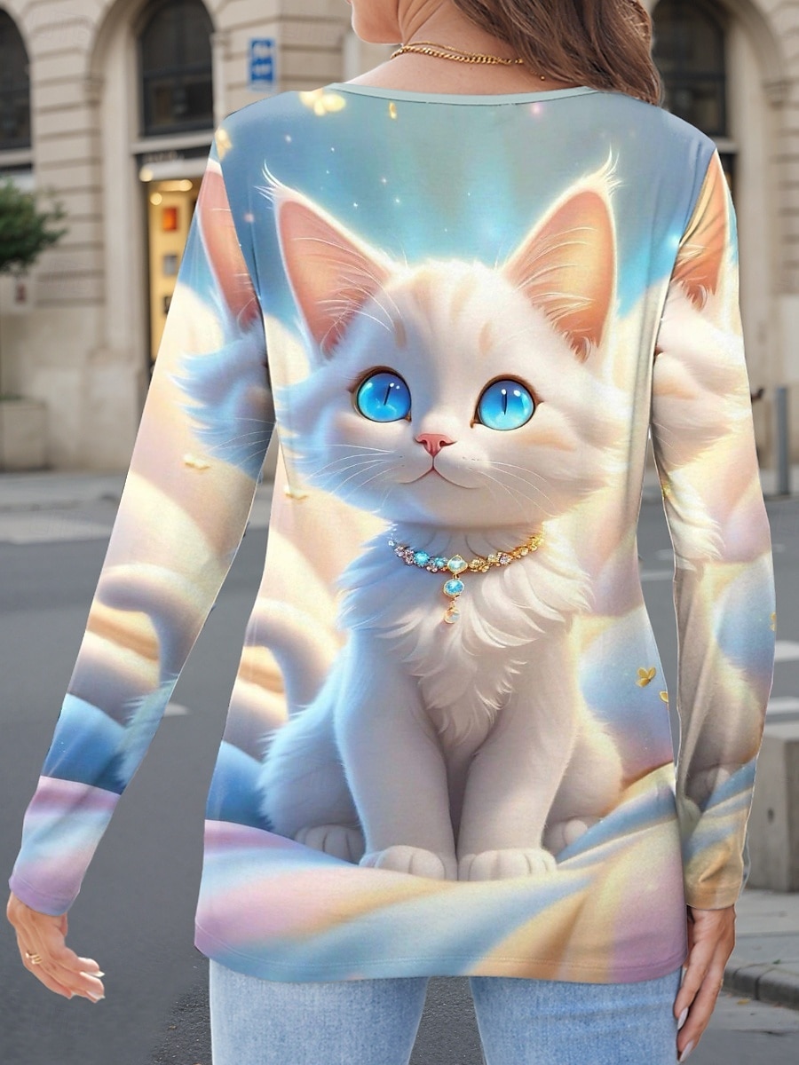 Femme T shirt Chat Décontractées manche longue Col cranté Hauts réguliers Vacances du quotidien Imprimer Bleu Printemps & Automne de 2025 ? $24.99 –P2