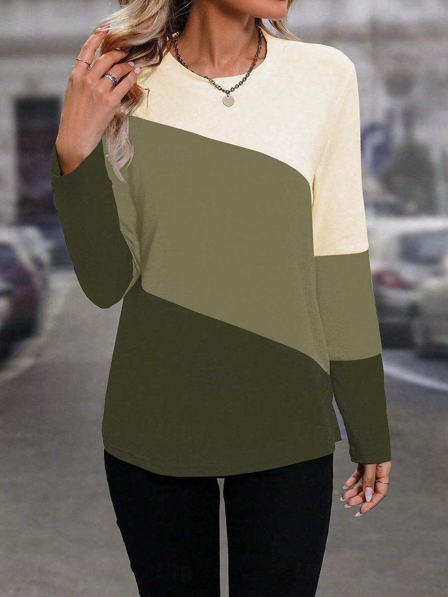 Koszulka Kobieca z Długim Rękawem Tunika Geometryczna Casual Regularne Top codzienny nadruk Zielony Wiosna Jesień 2025 - $22.99 –P3