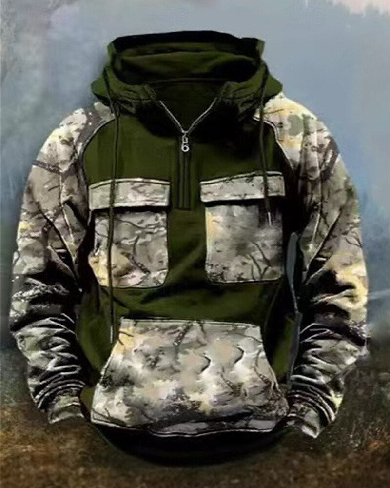 Per uomo Felpa con cappuccio Felpa con cappuccio e cerniera a un quarto Nero Vino Verde militare Blu Reale Cachi Con cappuccio Mimetico Collage Tasca frontale Sportivo Giornaliero Per eventi del 2025 a $40.99 –P2