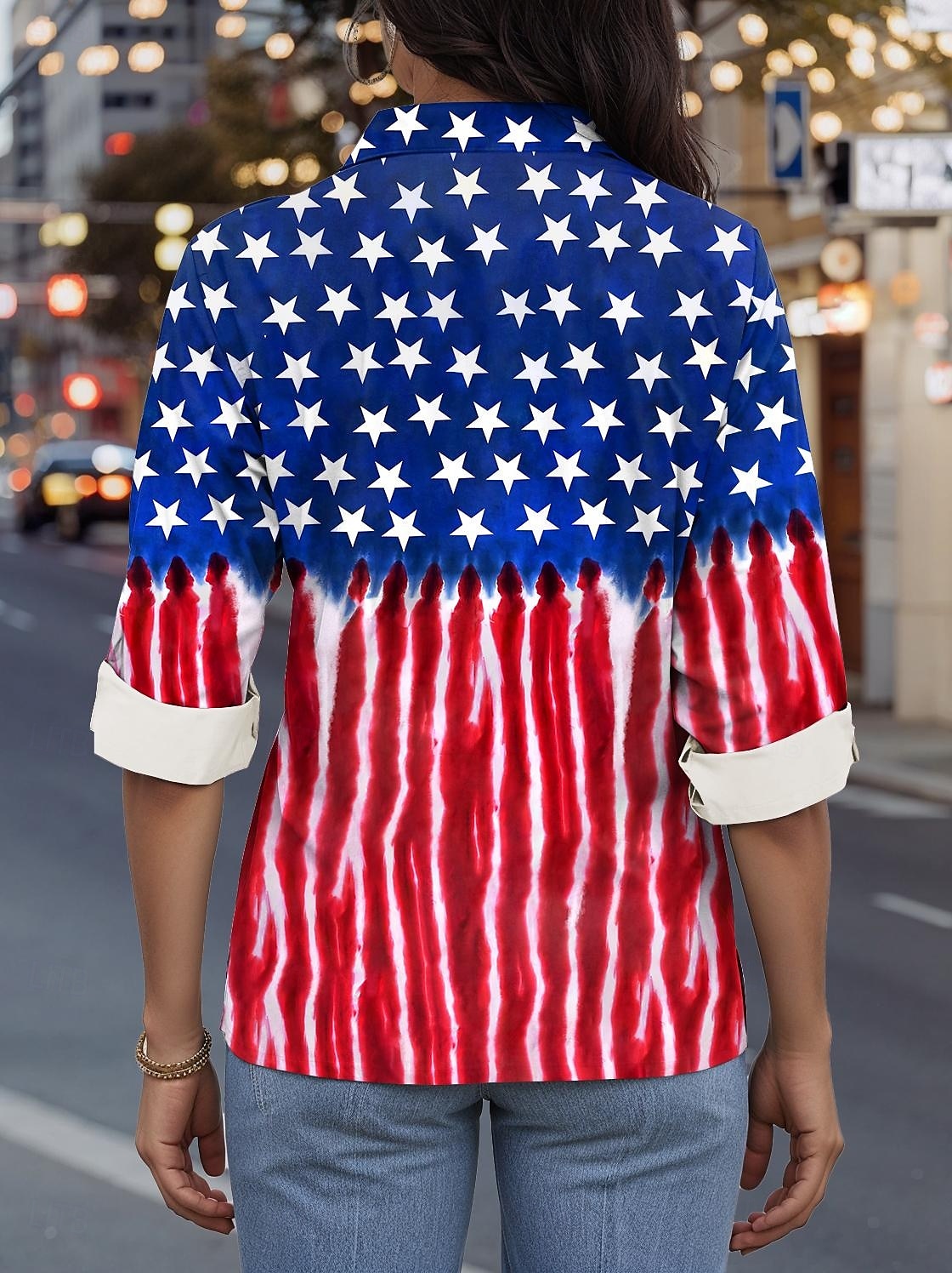Frauen Patriotic Hemd Flagge Arbeit Täglich Rot Weiß Blau Langarm Frühjahr Herbst 2025 - $32.99 –P2