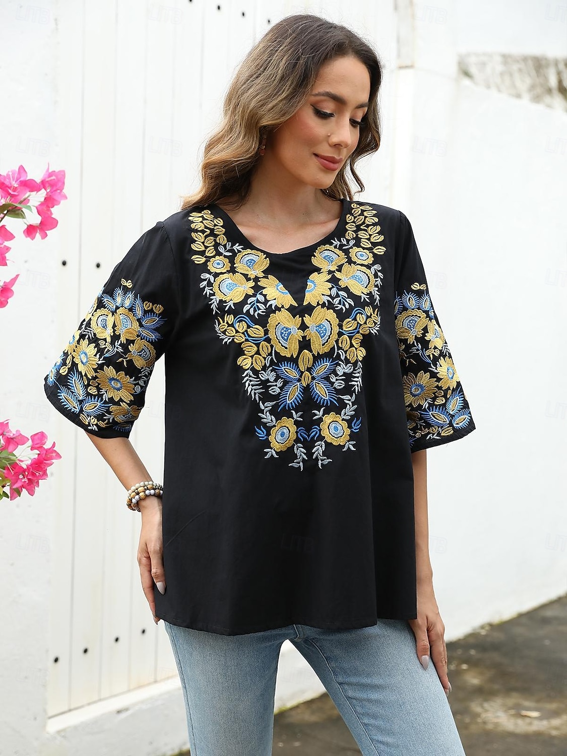 Damen Hemd Feste Farbe Blumen Brautkleider schlicht Boho 3/4 Ärmel Ellbogenlange Ärmel Rundhalsausschnitt Normale Oberteile Urlaub Party Täglich Bestickt Schwarz Herbst Frühling Sommer 2025 - $45.99 –P3
