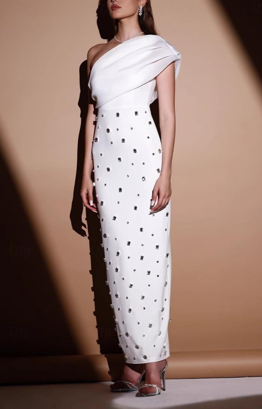 Robe de soirée Sheath  Colonne Élégante Robe Invité de mariage Longue crue Sans manches Une épaule mélange de coton avec strass de 2025 ? $130.99 –P4