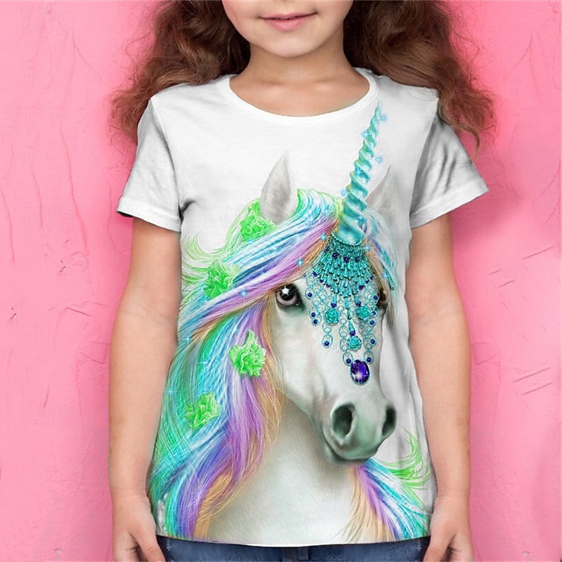 Mädchen 3D Tier Einhorn T-Shirt Kurzarm 3D-Druck Sommer Frühling Aktiv Modisch Kuschelig kinderkleidung 3-12 Jahre Outdoor Täglich Regular Fit 2026 - $11.99 –P7