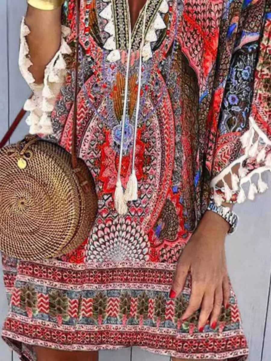 Pentru femei Rochie Mini Rochie casual Rochie Boho Stilat Casual Vacanță Zilnic Fit regulat Floral Lungime Manșon 3/4 În V Roșu-aprins Vară Primăvară 2025 - $48.99 –P3