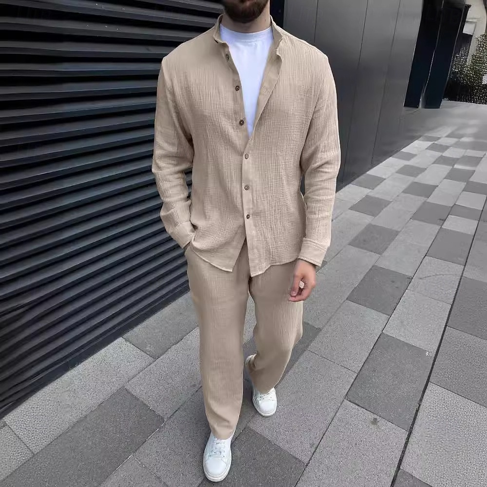 Herr 2 delar Skjorta set Matchande set Casual skjorta Knapp upp skjorta Svart Vit Blå Grön Khaki grön Långärmad Slät Bandkrage Semester Dagligen Kläder Mode Ledigt 2025 - $45.99 –P5