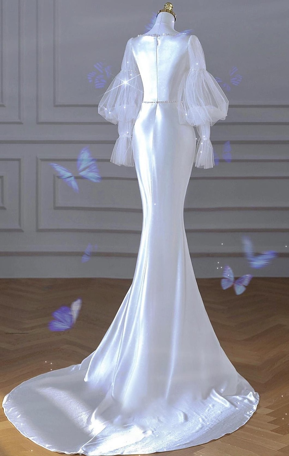 Abiti da Sposa Sirena  Tromba Scollo a Cucchiaio Manica Lunga Coda di Corte in Taffetà Abiti Sposa con Perle del 2025 a $144.99 –P2