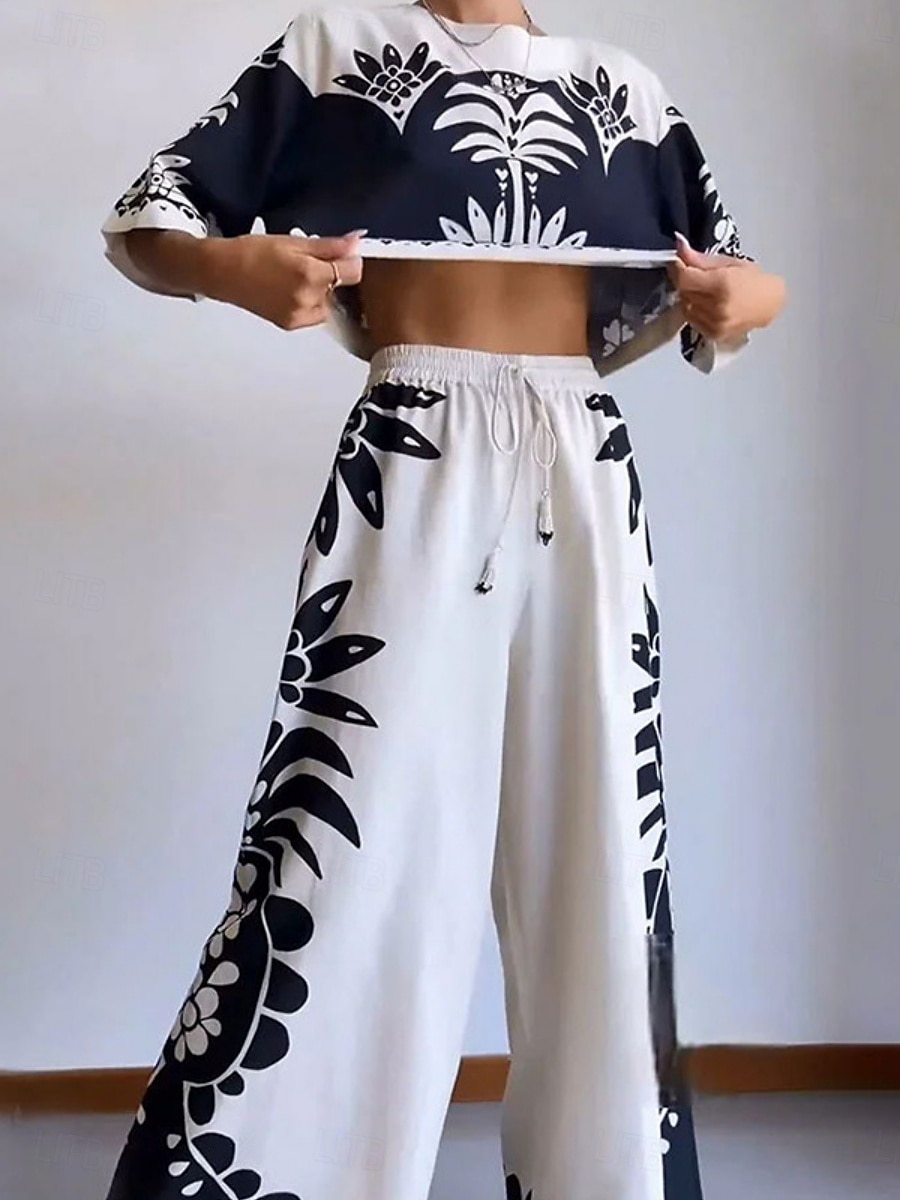 Women's Blouse Wide Leg Pants 3/4 Length Sleeve Crew Neck Floral Drawstring Fashion Streetwear Daily Casual Daily White Spring &  Fall Regular Fit 2026 - $47.99 –P3