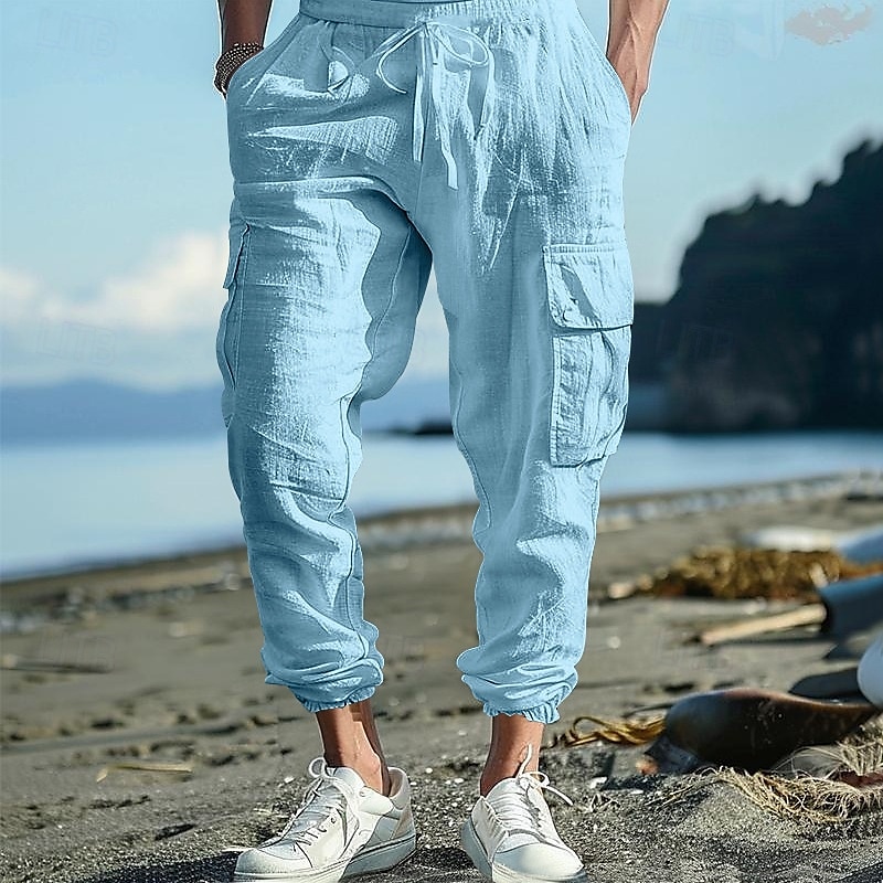 Men's Cargo Pants Linen Pants Trousers Summer Pants Beach Pants Drawstring Elastic Waist Multi Pocket Plain Comfort Breathable Full Length Casual Daily Holiday Fashion Classic Style Black White 2025 - $25.99 –P6