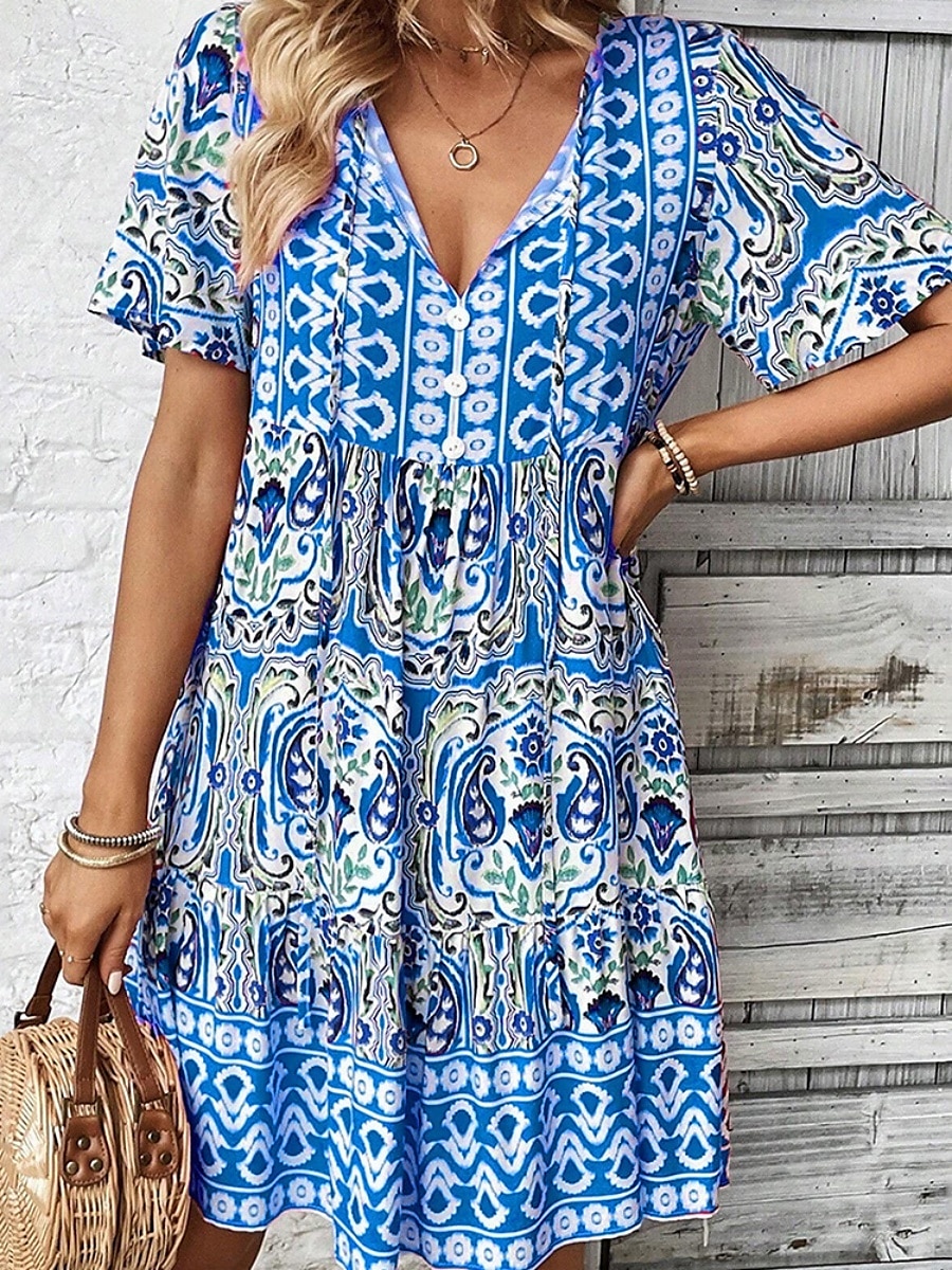 Női Mini ruha hétköznapi ruha Boho elegáns ruhák Boho ruha Csehország aranyos stílus Etno Vakáció Napi Tengerpart Laza öltözet Virágos Grafika Rövid ujjú V-alakú Medence Narancssárga Nyár Tavasz 2025 - $28.99 –P1