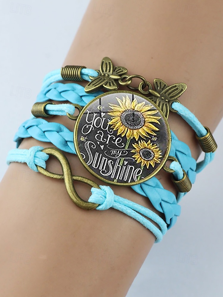 Bracelet en similicuir avec breloque tournesol et motif tressé et citation inspirante – bijoux de style bohème pour femmes, parfaits pour les cadeaux et les tenues décontractées de 2025 ? $7.99 –P6