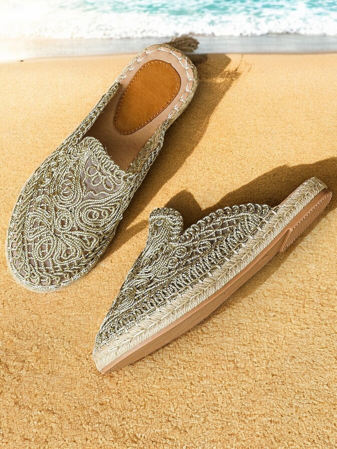 női kék horgolt espadrill lapos hálós részlettel, bohó stílusú bebújós nyári cipő strandra és hétköznapi viseletre 2025 - $42.99 –P5