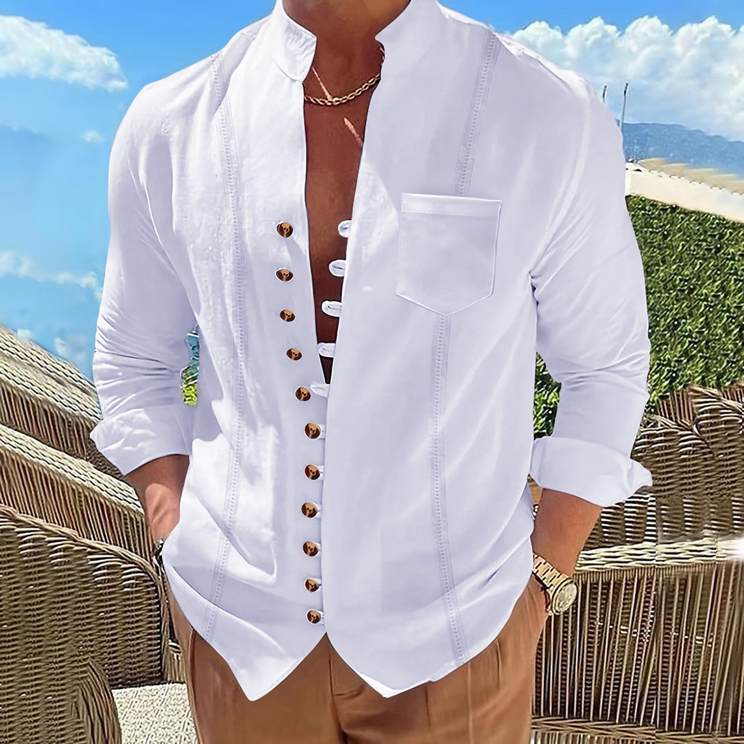 Per uomo Camicia Camicia di lino Camicia Guayabera Camicia Estiva Camicia casual Camicia con Bottoni Semplice Vacanza Crociera Nero Bianco Rosa Cachi Manica Lunga Colletto alla coreana Estate del 2025 a $26.99 –P3