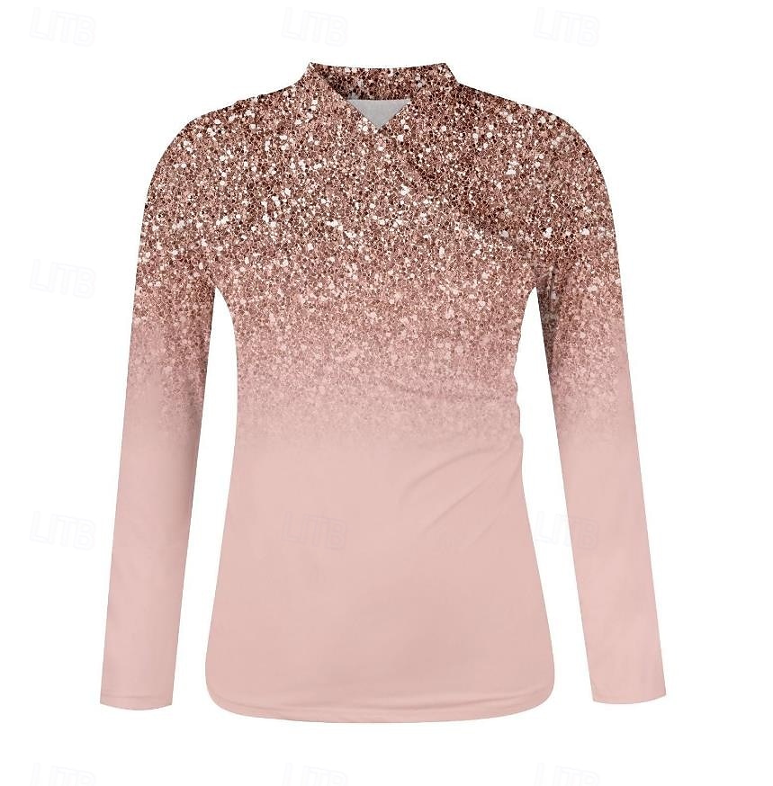 Damen T Shirt Farbverlauf Brautkleider schlicht Langarm V Ausschnitt Stehkragen Normale Oberteile Urlaub Täglich Bedruckt Asymmetrisch Silber Schwarz Rosa Frühling & Herbst 2025 - $27.99 –P6